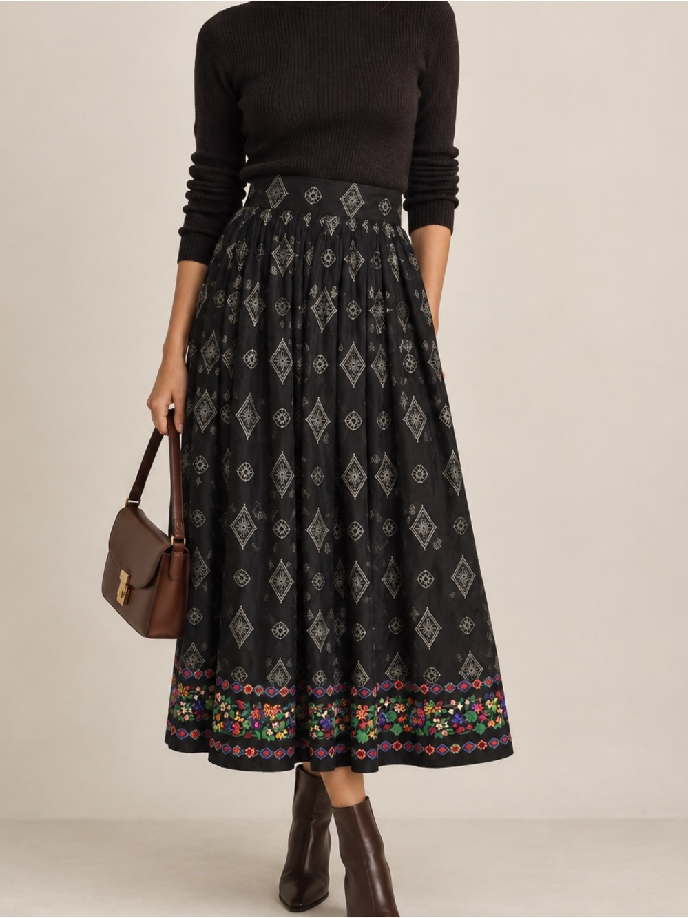 Vintage Miss O by Oscar de la Renta Black Geometric Floral Boho 80s Midi Skirt
